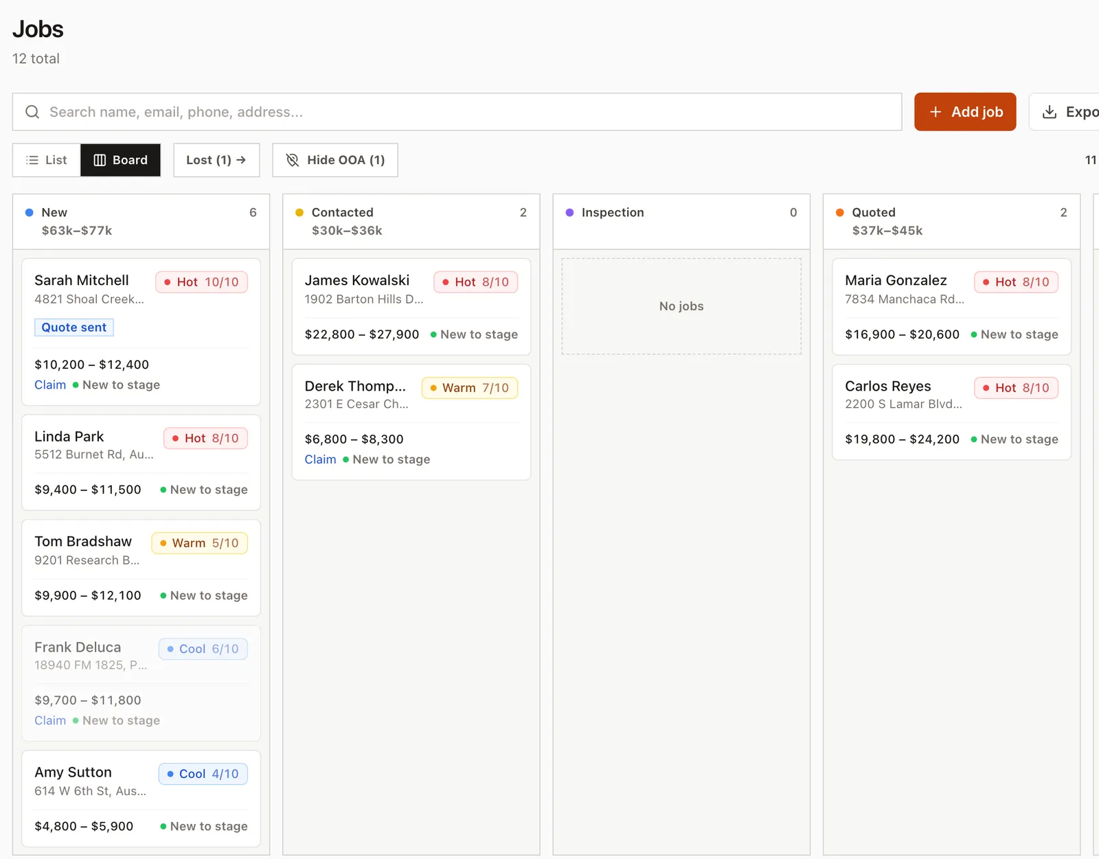 The jobs board with New, Contacted, Inspection, and Quoted columns and the dollar range in each