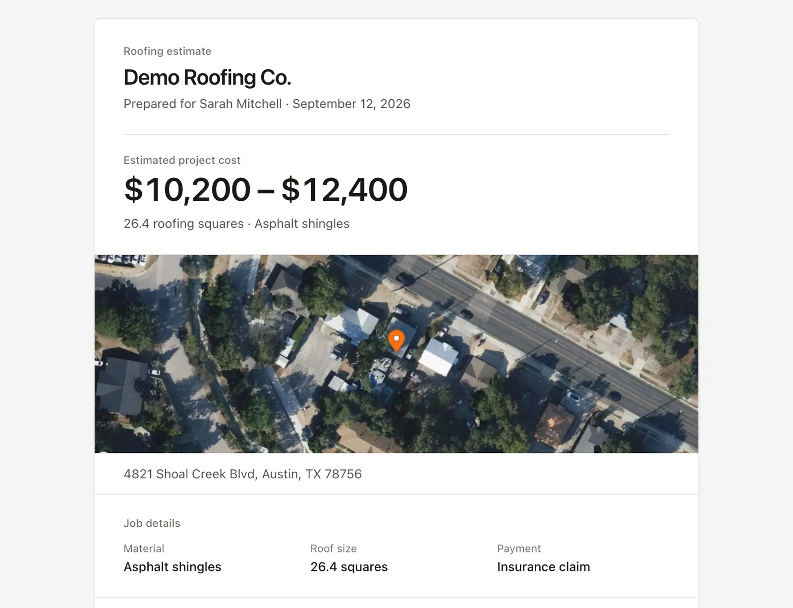 The estimate a homeowner receives: price range, satellite view of the home, and job details