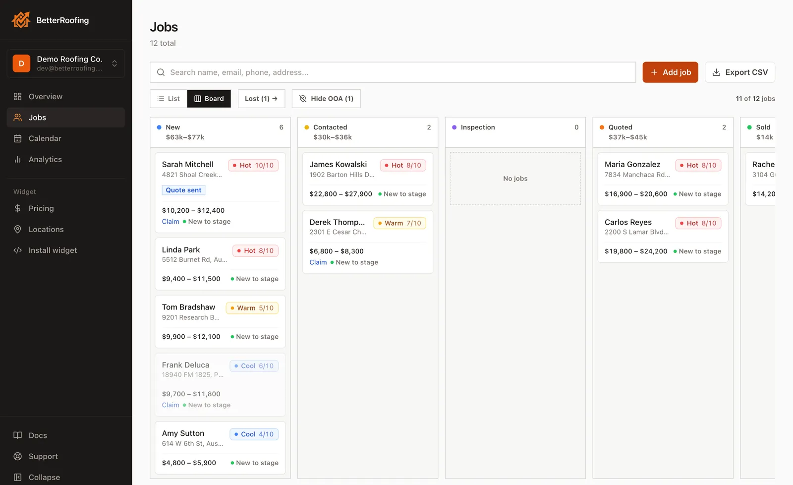 The BetterRoofing jobs board with new, contacted, and quoted jobs