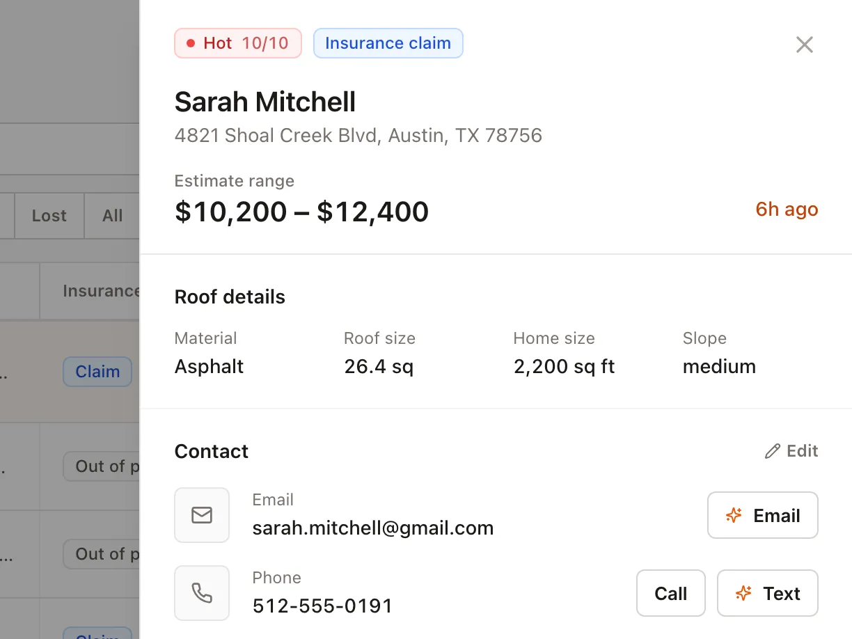 A job with a Hot 10/10 lead score, an insurance claim flag, roof details, and call, email, and text buttons