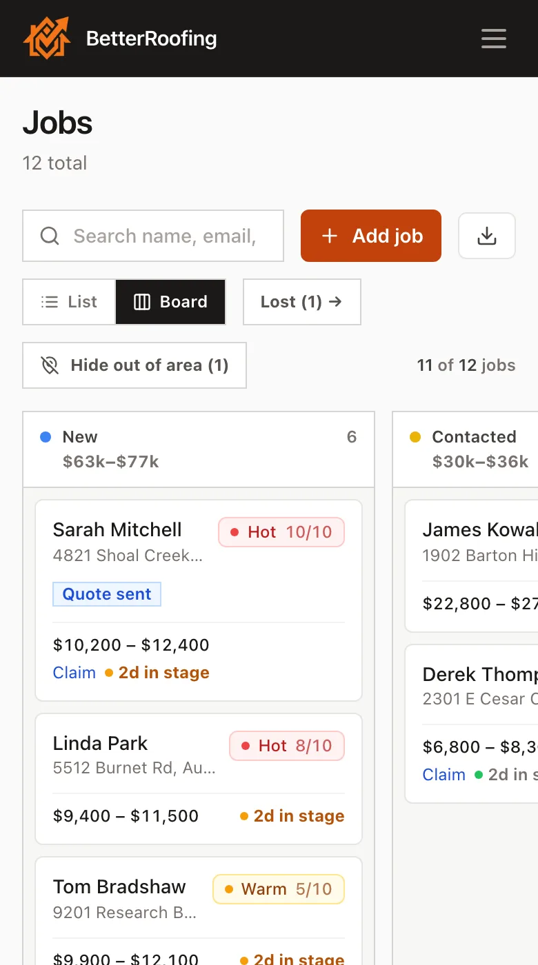The jobs board on a phone: the New and Contacted columns, each job with its score, estimate range and days in stage