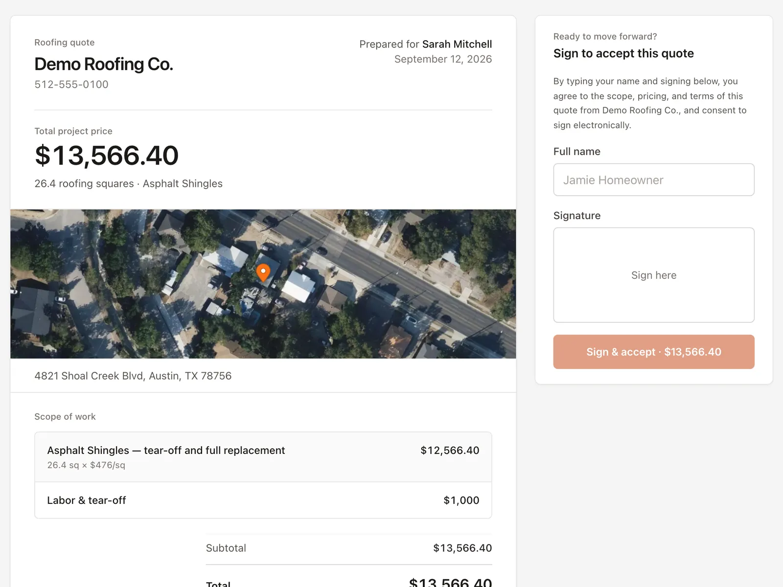 A formal roofing quote with scope of work, total price, and an online signature panel