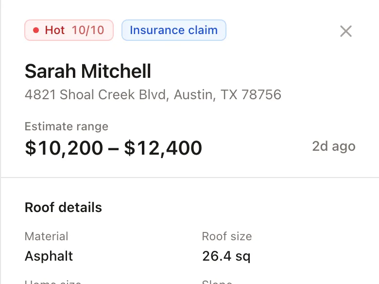 A job opened on a phone: a Hot 10/10 insurance claim at 4821 Shoal Creek Blvd, a $10,200 to $12,400 estimate range, and the roof details