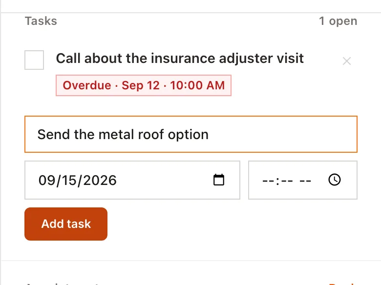 The job's task list: an overdue call about the insurance adjuster visit, and a new follow-up being added with a due date