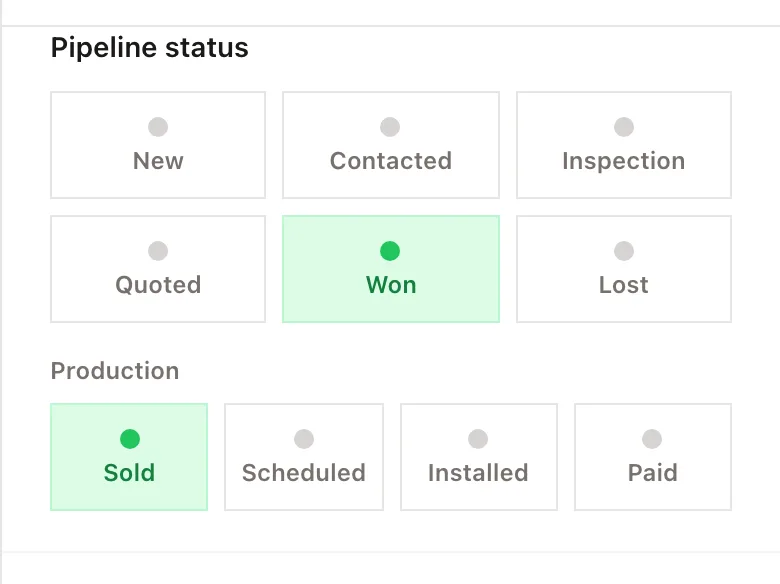 A won job, with its production stage set to Sold and Scheduled, Installed and Paid still to come