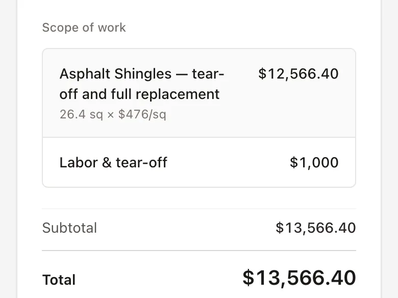 The homeowner's copy of the quote: asphalt shingle replacement and labor and tear-off, $13,566.40 total